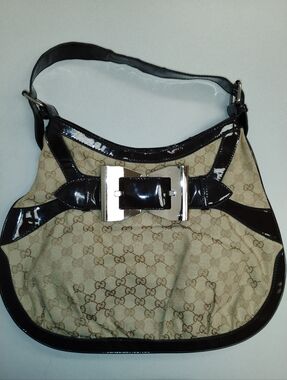 VINTAGE Authentic Gucci Monogram Shoulder Bag with Brown Patent Trim